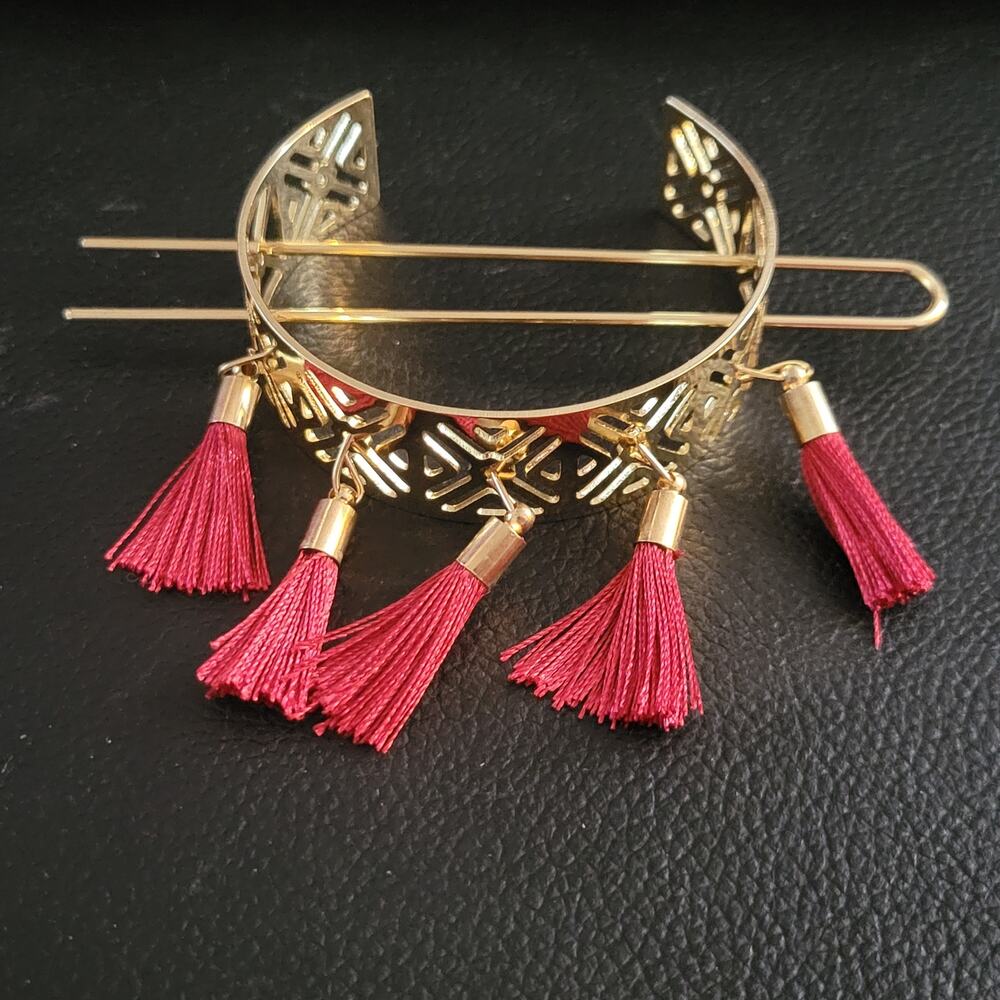 Boho gold & red tassel hair bun pin cage